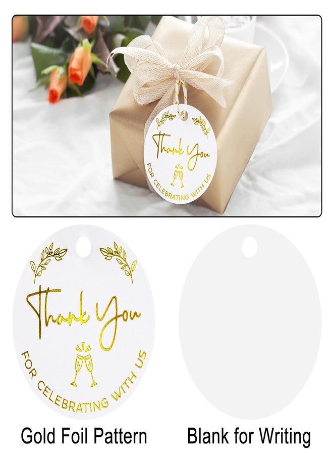 joycraft 100Pcs Thank You Gift Tags, 2 inch Thank You for Celebrating with Us Tags, Gold Foil White Paper Labels with String, Round Gift Wrap Hangtags for DIY Craft, Wedding Party Favor, Christmas - Image 3